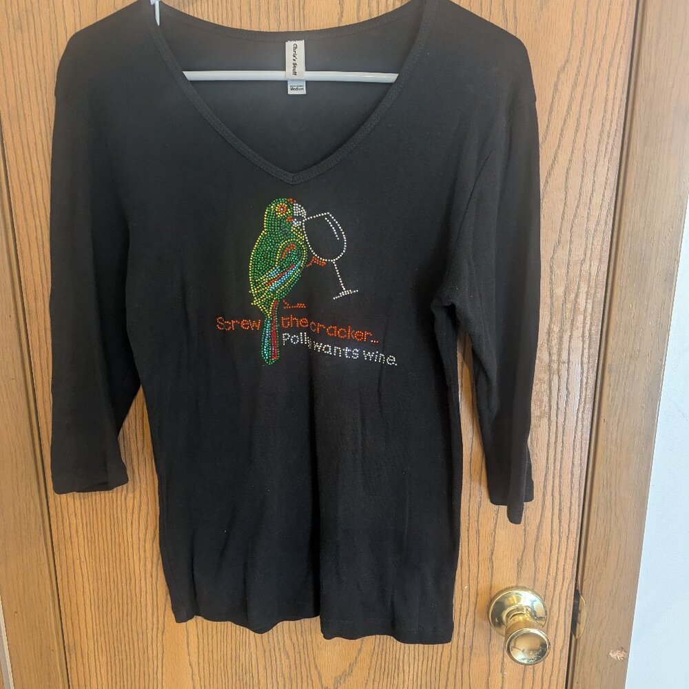 3/4 Sleeve V-Neck Black T-Shirt with Beaded/Sequin Graphic-Parrot- Medium